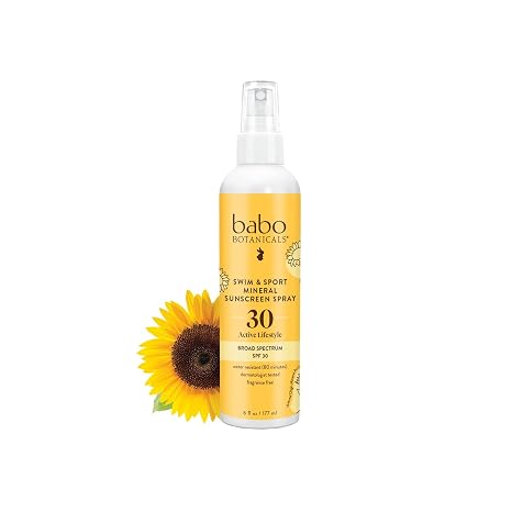 Babo Botanicals Swim & Sport Mineral Sunscreen Spray SPF 30 - Natural Zinc Oxide - Face & Body - For all ages - Dermatologist Tested - Cruelty-Free - Fragrance-Free - Water Resistant