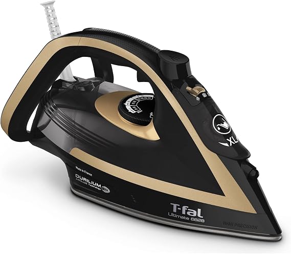 Tefal FV6828J0 Steam Iron with Cord, Powerful Steam, Max 4.9 oz/min 140 g/min, Air Glide Surface, Auto Clean Treatment, Ultimate Black x Gold