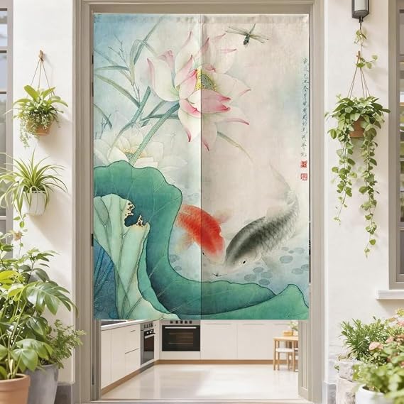 MYRU Japanese Noren Doorway Curtain Tapestry (Fish and Lotus,33.5 Inches x 59 Inches)