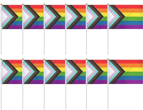 10 x Hand Waving Progress Pride Flag, Handheld LGBTQ Flag (21cm x 14cm), Mini Progress Flag, Pride Parade Decorations for Manchester Pride, Brighton and Hove Pride, Northern Pride