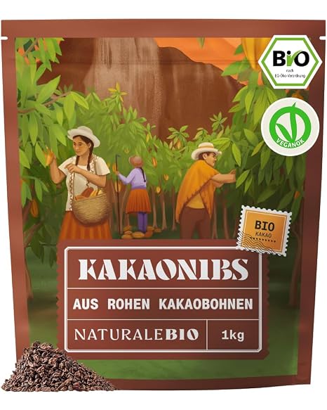NaturaleBio Organic Cocoa Nibs Raw & Crispy - Chocolate Drops Alternative 1 kg. Natural cocoa nibs from Theobroma cacao for smoothies bowls baking and snacking.