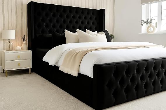 Home Interior Plush Velvet Fabric Upholstered Cannes Wingback Bed - UK Made - Mattress/Gas Lift Options (Black Plush, Small Double (4ft) Bed Frame)