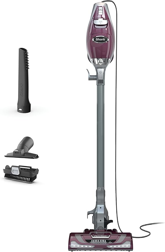 Shark HV322 Rocket Pet Plus Corded Stick Vacuum with LED Headlights, XL Dust Cup, Lightweight, Perfect for Pet Hair Pickup, Converts to a Hand Vacuum, with 2 Pet Attachments, BordeauxSilver