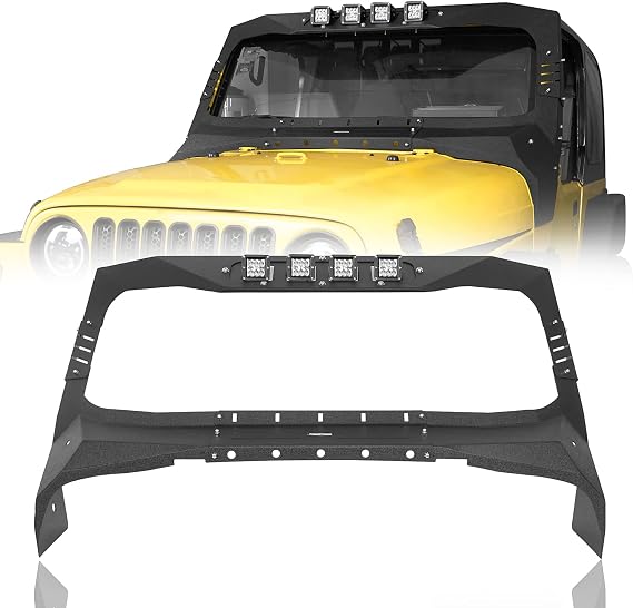 Hooke Road Wrangler TJ Windshield Frame Cover Roof Sun Visor Cowl Body Armor w/4x LED Lights Compatible with Jeep Wrangler TJ 1997-2006