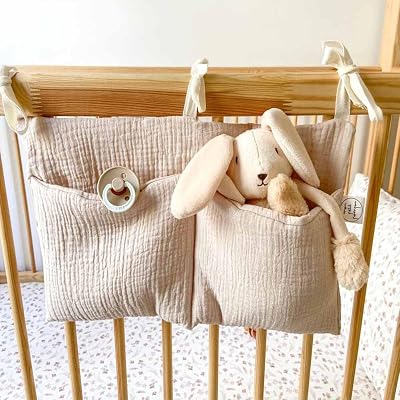 Cotton Baby Bedside Hanging Storage Bag,2 Pockets Organizer for Baby Cribs and Toys Oatmeal