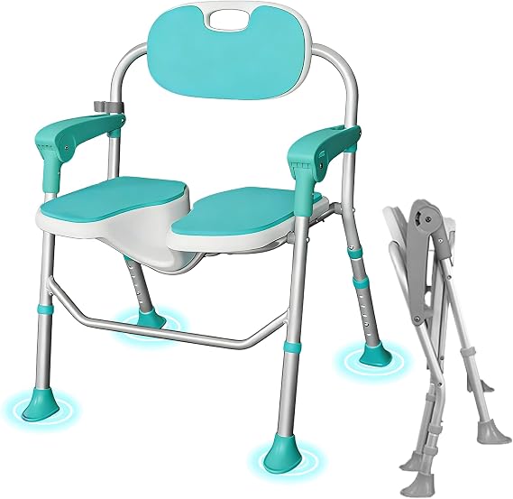 Folding Shower Chair with Armrests and Backrest 3D Contour Seat Height-Adjustable Aluminium Non-Slip Maximum Load 150 kg for Seniors Disabled Pregnant Women & Walk-in Showers