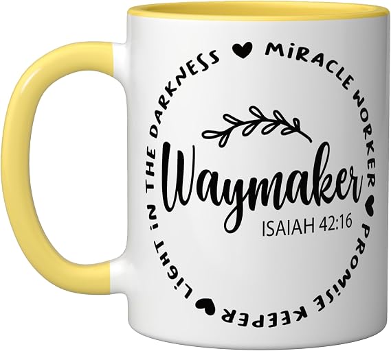 Waymaker Scripture - Faith-Based Inspirational Christian Ceramic Mug, Yellow/White, 11oz