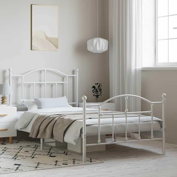 White Metal Bed Frame with Headboard and Footboard 100x190cm, 4-Piece Sturdy Steel Construction with Slats for Mattress Support and Underbed Storage Space