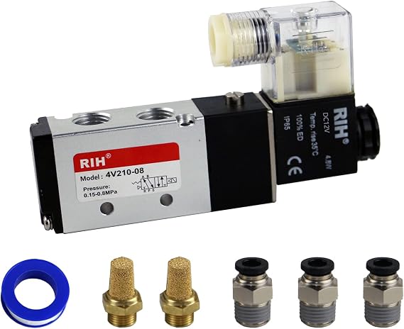 RIH Pneumatics Solenoid Valve 4V210-08 12V/24V/110V Series Single Coil Pilot-Operated Electric 2 Position 5 Way Connection Type (DC12V/Junction Box, 1/4"NPT)