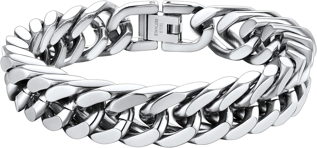 ChainsHouse Stainless Steel Cuban Link Bracelet, 6mm/8mm/12mm/17mm Width, 7.5"/8.3"/9", Black/ 18K Gold Plated Chain Wrist Bracelets for Men Women, Send Gift Box