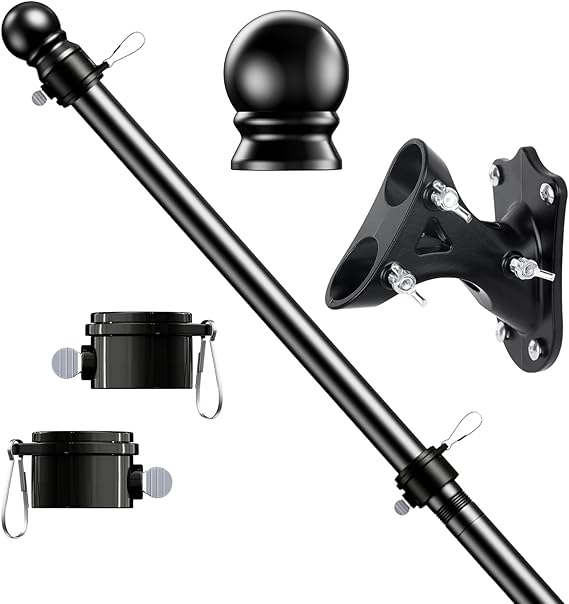 5 FT Flag Pole Kit, Tangle Free Spinning Weather Resistant Rustproof Stainless Steel Flagpole with Base for 3x5 Sports Flag 1" Dia Flag Pole Holder for Outside House, Wall (Black)