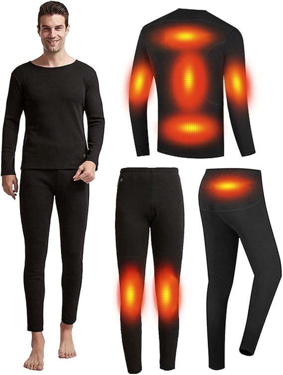 Mens Electric Heated Thermal Underwear Set Men's Travel Heated Pants and Shirt, USB Mens Thermal Underwear Set,Black,L