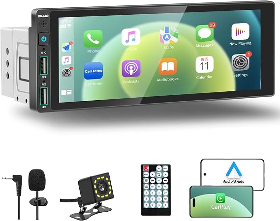 REAKOSOUND 6.9" Single Din Car Stereo with Apple CarPlay & Android Auto, Single Din Touchscreen Radio, Car Stereo with Bluetooth, Backup Camera, GPS Navigation, Mirror Link, FM/AM, EQ, USB, SWC, MIC