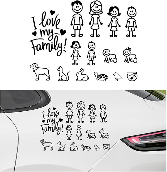 Family Car Sticker, Waterproof I Love My Family Cartoon Auto Decorative Sticker, Family Figures Pets Animal Decals for Bumper Window Laptop Fridge Luggage, Car Accessories