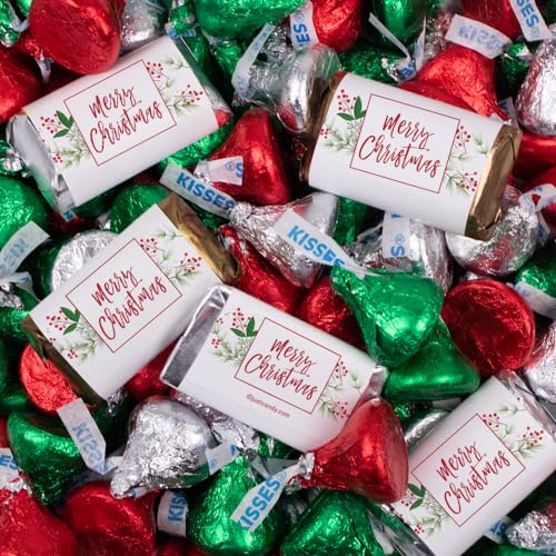 124 Pcs Christmas Candy Chocolate Party Favors Miniatures & Red, Green & Silver Kisses 1.52 lbs - Merry Berry