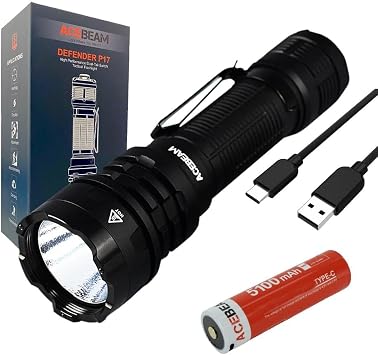 Acebeam DEFENDER P17 (Black) C-ree XHP70.3 HI 6500K Rechargeable Flashlight -4900 Lumens w/Eco-Sensa USB C Charging Cable