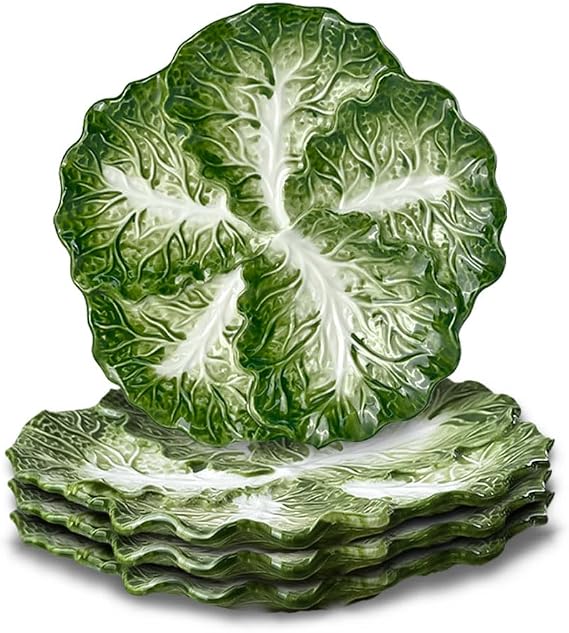 KXZ 4-piece Green Ceramic Cabbage Plates, 8-inch. For desserts, dinner, etc. Microwave & dishwasher safe. Ideal for kitchen tableware, decoration & dining.