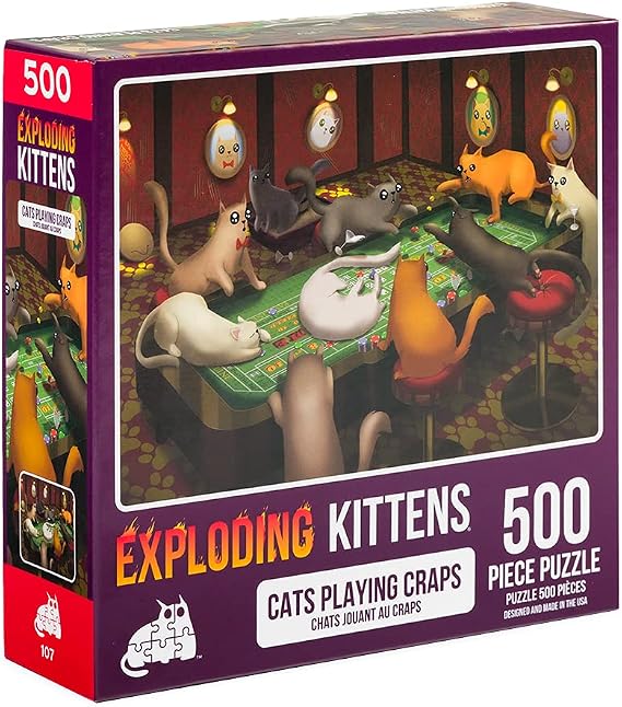 Cats Playing Craps Jigsaw Puzzle by Exploding Kittens - 500 Pieces, Ideal for Adults, Teens, and Kids - A Funny and Artistic Cat-Themed Puzzle | A 500-piece jigsaw puzzle with premium blue board pieces, full-color reference sheet, and 100% recycled materials.