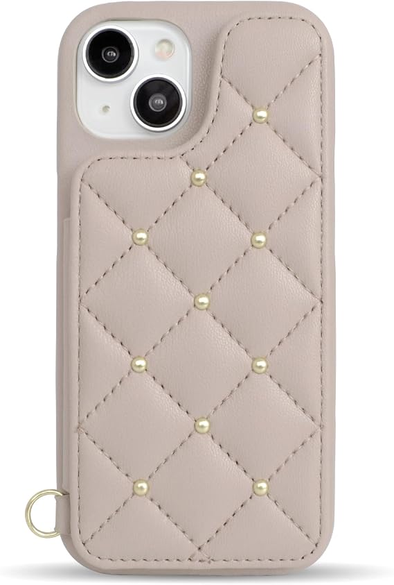 CECIL McBEE Official Product iPhone 15 Compatible Case with Mirror, Quilted Back Case, Cecil McBee for iPhone 15, Back Diary-type Card Storage, Brand Smartphone Case Beige