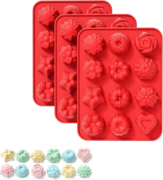 La chat Silicone Soap Molds, Flower Soap Molds,12 Cavities Silicone Molds for Soap, Lotion Bar, Bath Bombs, Chocolate, Candy,3 Packs (Flower)