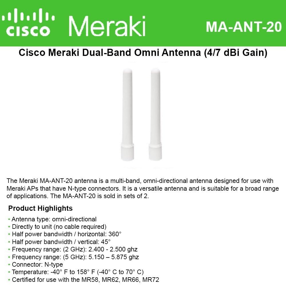 Cisco Meraki Dual-Band Omni Antenna 47 dBi for MR66 & MR72 access points, 2-Pack Antenna Kit