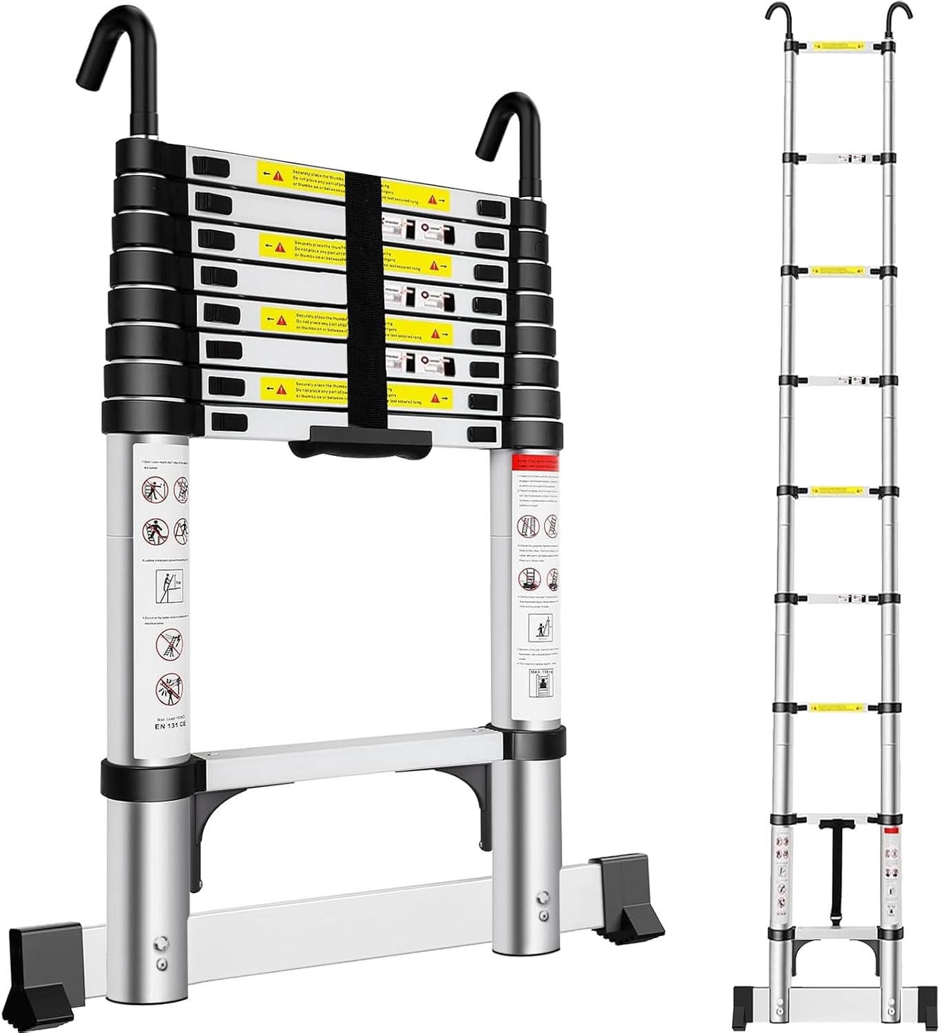 Extendable Telescopic Ladder 2.6M, Aluminium Telescoping Ladder with Detachable Hooks and Stabiliser Bar, Adjustable Height Portable Sturdy Loft Ladder Secure Climbing for Home