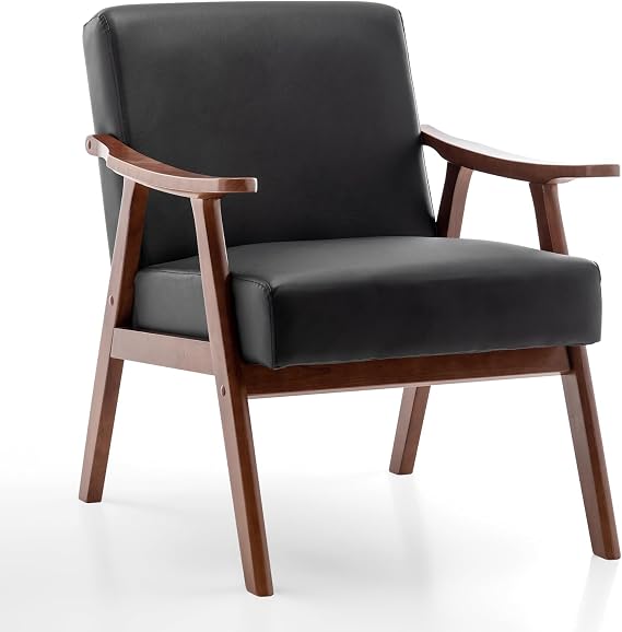 Rovibek PU Leather Accent Chair with Arms - Mid Century Modern Accent Chairs with Wood Frame, Upholstered Arm Chairs with 5.9in Thick Foam, Black Occasional Chair