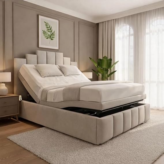 Adjustable Electric Panel Crown Mobility Bed Frame Plush Velvet Upholstered With Memory Foam Mattress&Headboard (Grey Plush, 6ft super king)