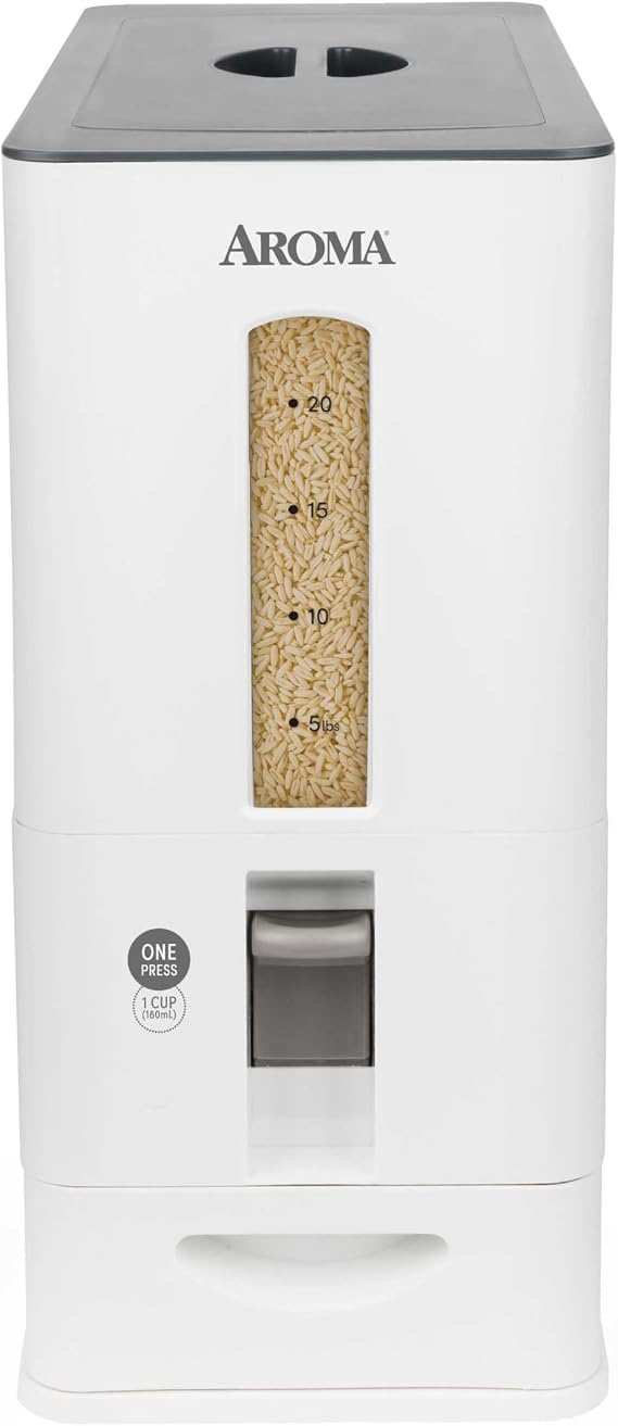 Aroma Housewares 27lbs Large Rice Dispenser, 7.25 x 16.5 x 16.5 inches, White