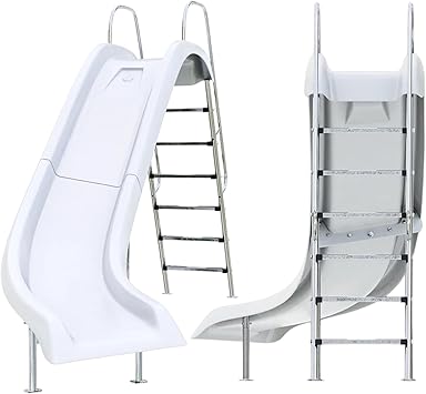 FibroPool Full-Sized Fiberglass Swimming Pool Slide 106" Long, 6 Tall Left Turn Slide with Stainless Steel Hardware, Surface Mount Anchors, Sprayers, Installation Kit for Pools