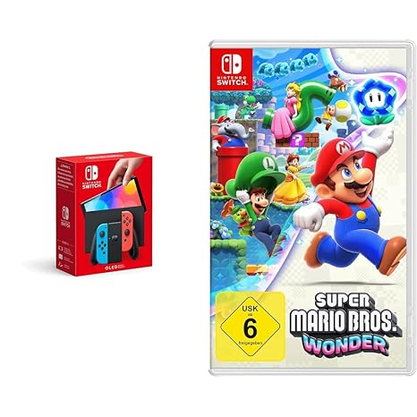 Nintendo Switch-Konsole (OLED-Modell) Neon-Rot/Neon-Blau + Super Mario Bros. Wonder Switch