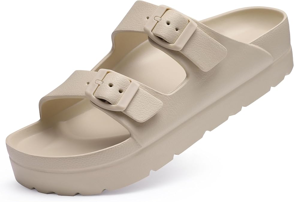 Goosecret Women's Comfortable Arch Support Walking Platform Sandals | Lightweight Chunky Slip-On Foam Slides with Adjustable Buckle, Sandals for Beach and Daily Wear