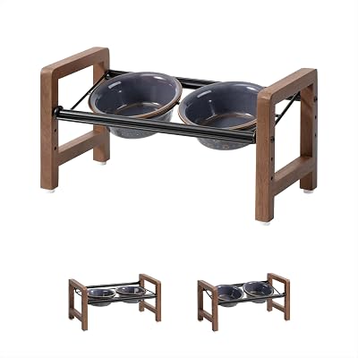 5.5inch Ceramic Adjustable Raised Double Bowls Set with Stand, 3 Heights Elevated, 2 Placement Options, Food and Water Dishes for Puppy, CatsDouble BowlsStand, Reactived Glaze -Grey