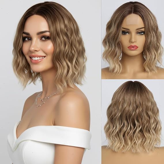 simkaylee Short Wavy Blonde Bob Wigs for Women Water Wave Shoulder Length Ombre Blond Synthetic Wig Middle Part Natural Looking Heat Resistant Fiber Hair for Daily Party Use (14 inch)