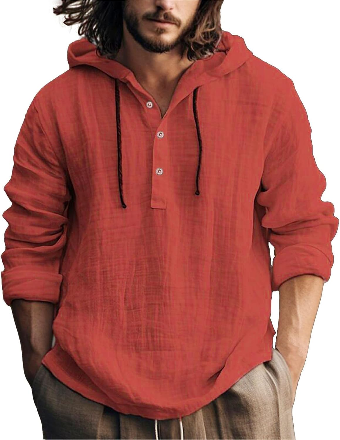 Mens Cotton Linen Hoodies Casual Half Button-Up Long Roll-Up Sleeve Shirt Summer Beach Hippie T-Shirt With Hood