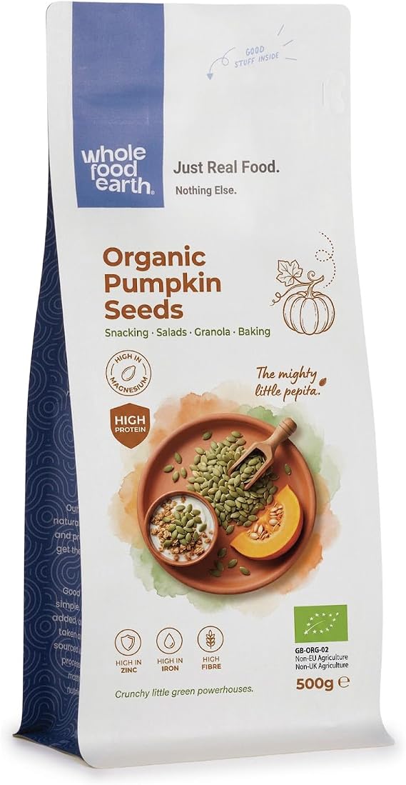Wholefood Earth Organic Pumpkin Seeds 500g Raw | GMO Free | Vegan | High Fibre | High Protein | Certified Organic