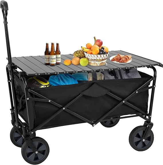 PayLessHere Garden Cart Folding Wagon Collapsible w/Foldable Table Board Universal Wheels for Camping Picnic Outdoor Event