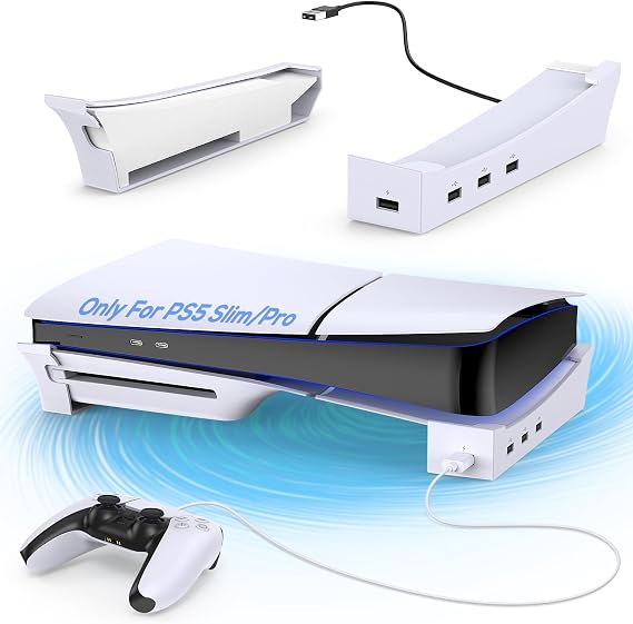 KOVA Horizontal Stand for PS5 Console with 4-Port USB Hub, Base Holder for PlayStation 5 Accessories, Skate for Slim Disc & Digital Edition Controller Charging (White)