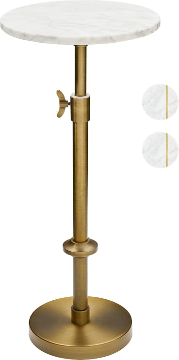 Adjustable 10" White Marble Drink Table with 2 Coasters, Antique Brass