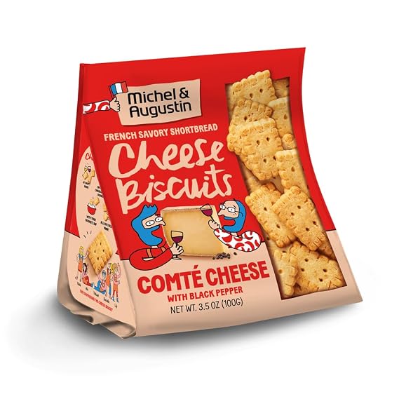 Michel et Augustin Gourmet Crackers, Comte Cheese Biscuits with Black Pepper, Savory Party Crackers, French Snacks, 3.5 oz. Bags