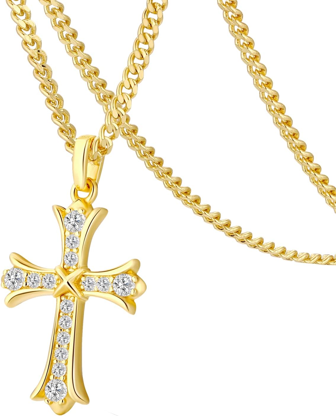KRKC & CO Cross Necklace Mens Cross Pendant with ZirconiaMoissanite, 14K Gold Plated Chain 2-Piece Set CZ Diamond Glitter Chain Necklace, Hip Hop, Popular Gift