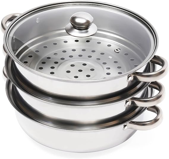 3 Tier 28cm Stainless Steel Steamer, Cooker Set Pan, Steam Pot with Vented Glass Lids, for Dumplings, Veggies and Healthy Meals, Oven Safe Energy-Efficient, Induction Ready