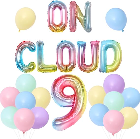 Sursurprise On Cloud 9 Birthday Decorations for Girls, Gradient On Cloud 9 Balloons Pastel Rainbow Balloon for Rainbow 9th Birthday Party Supplies
