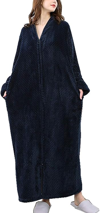 Womens Warm Fleece Zip Up Robe Fluffy Long Bathrobe Night Dressing Sleepwear