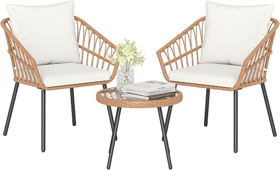 Tangkula 3 Piece Patio Bistro Set, PE Rattan Conversation Chairs with Round Glass Table & Soft Cushions, Outdoor Patio Furniture Set with Metal Frame for Balcony, Garden (Off White, 20 x 16 Inch)