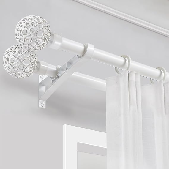 Double Curtain Rods 8.6ft Premium Aluminum Brackets With Cylindrical Hollow Cap Heavy Duty Decorative Drapery Rod For Windows Blackout Drapes And Curtains White