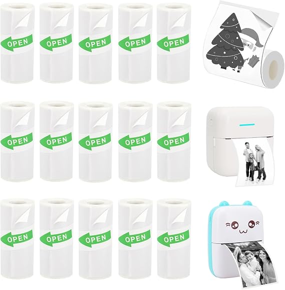 15 Rolls Mini Printer Sticker Paper, White Thermal Sticker Paper for Mini Portable Printer, Self-Adhesive Thermal Paper, 57 x 25 mm