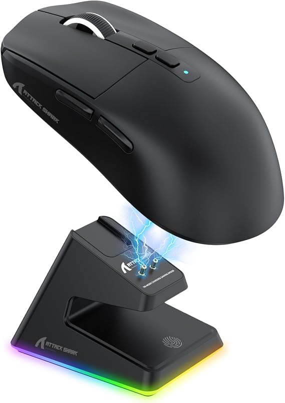 ATTACK SHARK X6 Wireless Gaming Mouse with Magnetic RGB Charging Base,Black | 49g Superlight,PixArt PAW3395 Gaming Sensor,26K DPI,BT/2.4G Wireless/Wired Mice,Ergonomic Design,200Hrs Battery for Win/Mac