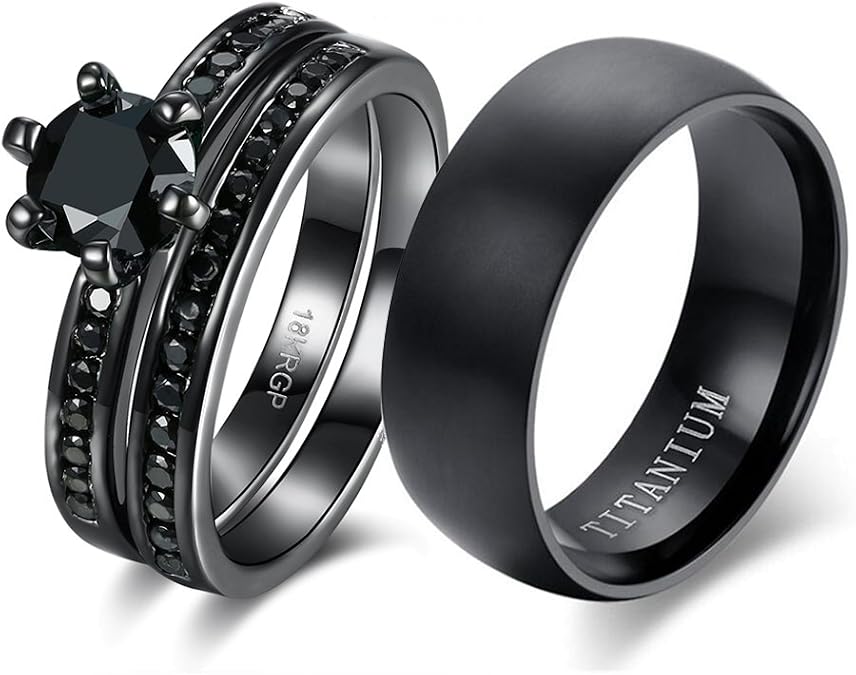 Couple Ring Bridal Sets His Hers Women 18k Black Gold Plated Cz Men Titanium Wedding Ring Band Set