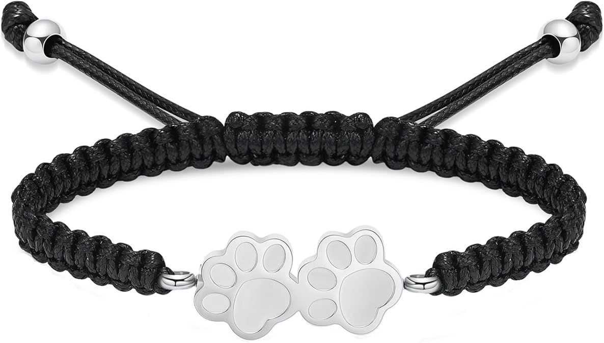 Paw Print Urn Bracelet for Ashes for Pet Adjustable Braided Rope Bangle